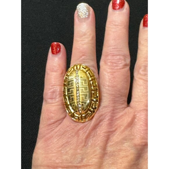 Vintage Gold-Plated Statement Ring With Greek Key Design & Rhinestones - Picture 2 of 6